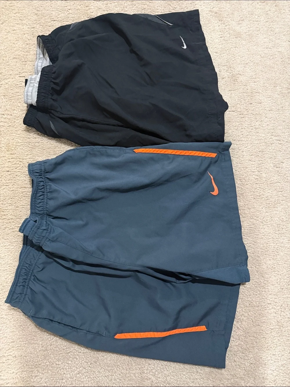 Nike Men’s Athletic Shorts — Black and Slate Blue with Orange Trim xl set of 2